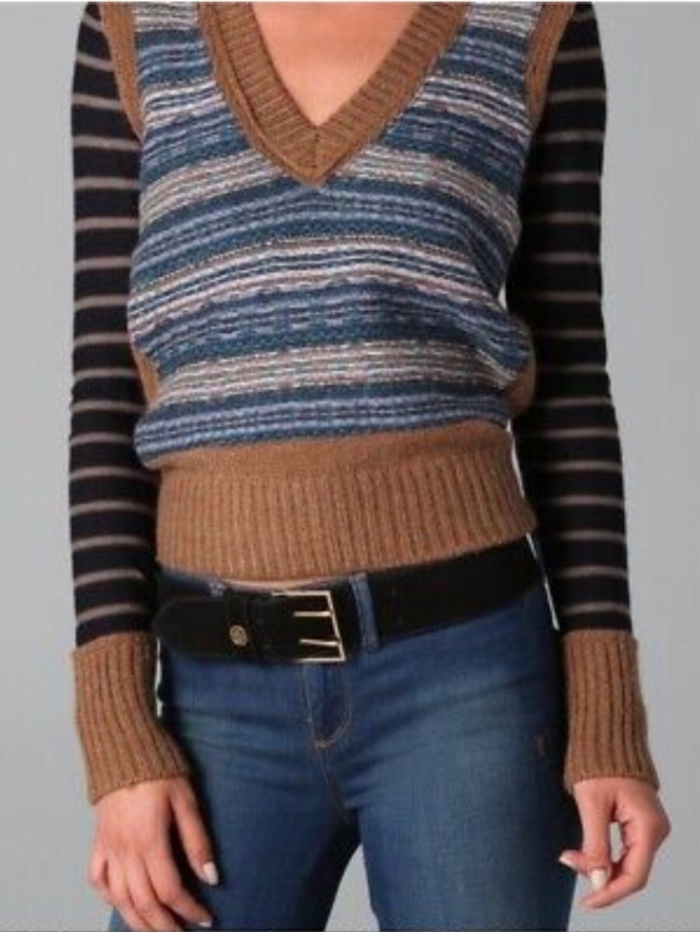 Tory Burch Alpaca Wool Blend V Neck Striped Fair Isle Sweater Small - Picture 3 of 13